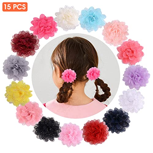 PALAY® 15pcs Hair Bows Clips for Girls Cute Chiffon Flower Hair Clips Kit Gold Sequins Hair Barrettes Hair Accessories for Baby Girls Infants Toddlers Teens