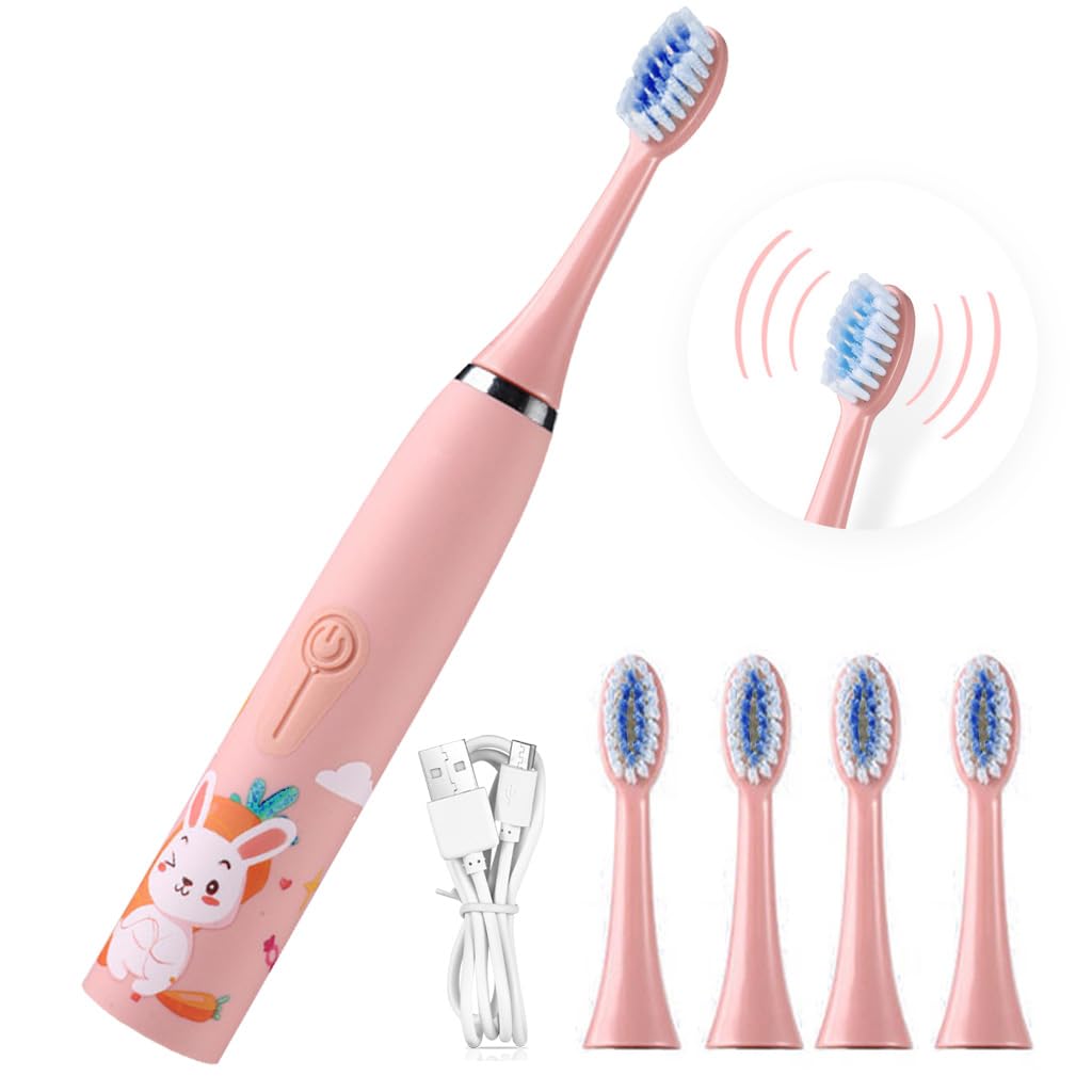 HANNEA® Sonic Electric Toothbrush for Kids with 5 Modes, 5 Soft Dupont Brush Heads, Smart Timing, One Button Control, USB Electric Toothbrush for Kids Cartoon Electric Toothbrush Gift for Kids Age 3+