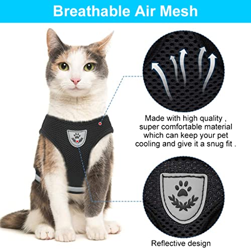 Qpets® Cat Harness for Small Dogs, Adjustable Cat Belt with Safety Reflective Strip, Breathable Mesh Fabric Cat Accessories, Cat Vest Harness with Cat Leash (Black, Suitable for 1-2.5 kg)