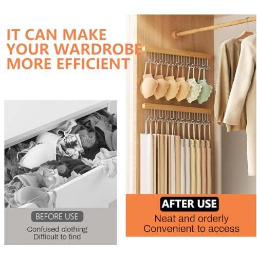 HASTHIP® 1 Pc Wooden Hanger for Clothes Hanging 12 Hook Adjustable Multi Sliding Wall Mounted Rack Bra Belt Scarf Tie Hat No-Drill Right-Pull Style 41X8CM 2PCS
