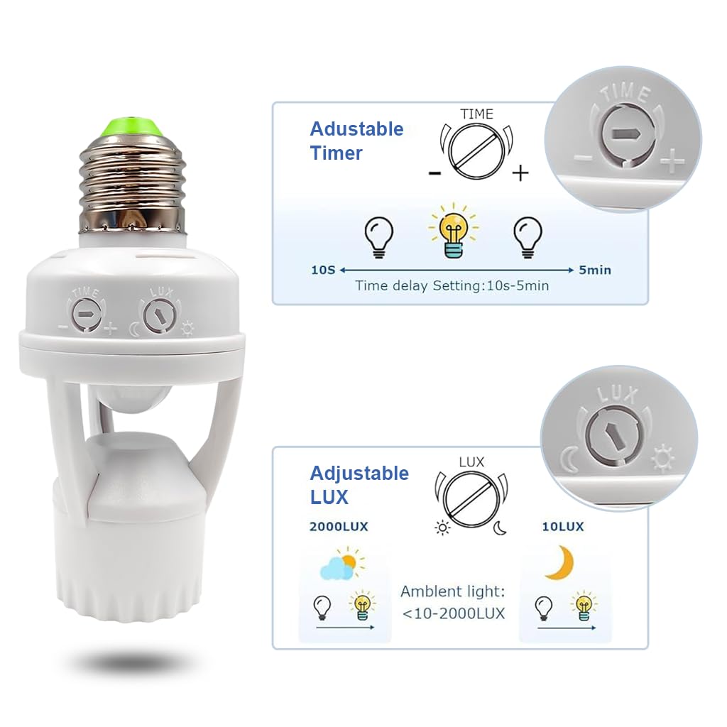ELEPHANTBOAT Acoustic Sensor Light Socket for E27 Bulb with Adjustable Delay Timer | Smart Energy Saving Adapter for Hallway and Stair Lighting