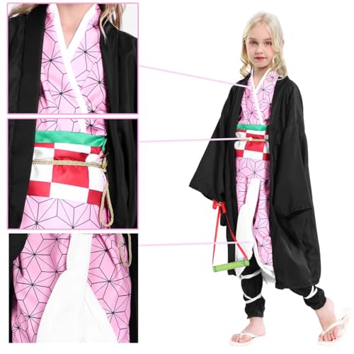 PATPAT® Anime Cosplay Nezuko Halloween Costume for Girls Kimono Anime Nezuko Costume Kids Outfit Black Robe Pink Kimono Uniform Full Cosplay Set Demon Slayer Kids Costume Christmas Gifts, Size 120CM