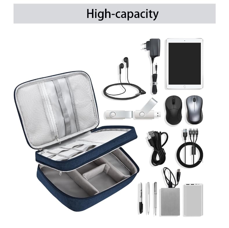 Zibuyu Electronics Travel Organizer Bag with Dual Layer Storage and Adjustable Dividers | Royal Blue Waterproof Case for Cables and Tablets
