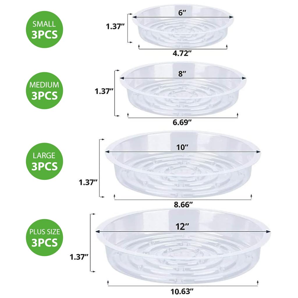 HASTHIP® Multipack Plant Pot Saucers-12psc Durable Plastic Trays in 4 Sizes (6''/8''/10''/12''), With Grooved Bottoms For Efficient Drainage, UV-Resistant Indoor & Outdoor Round Plate Set