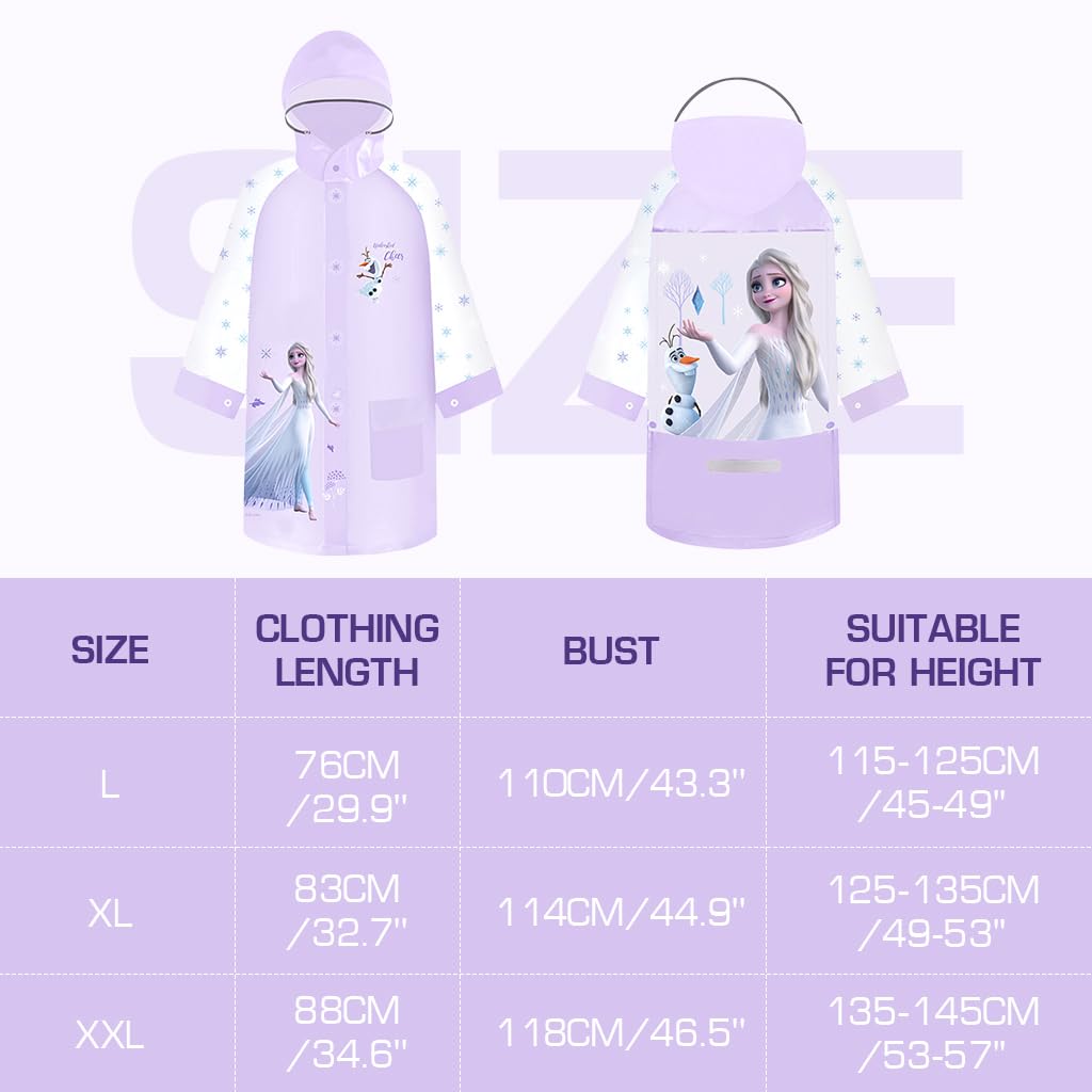 PALAY® Raincoat for Girls Cartoon Purple Princess Elsa Print EVA Raincoat Wide Brim Hood Rain Jacket with Backpack Rain Cover Knee Length Long Raincoat for School Girls 9-11 Years Old, Size XXL