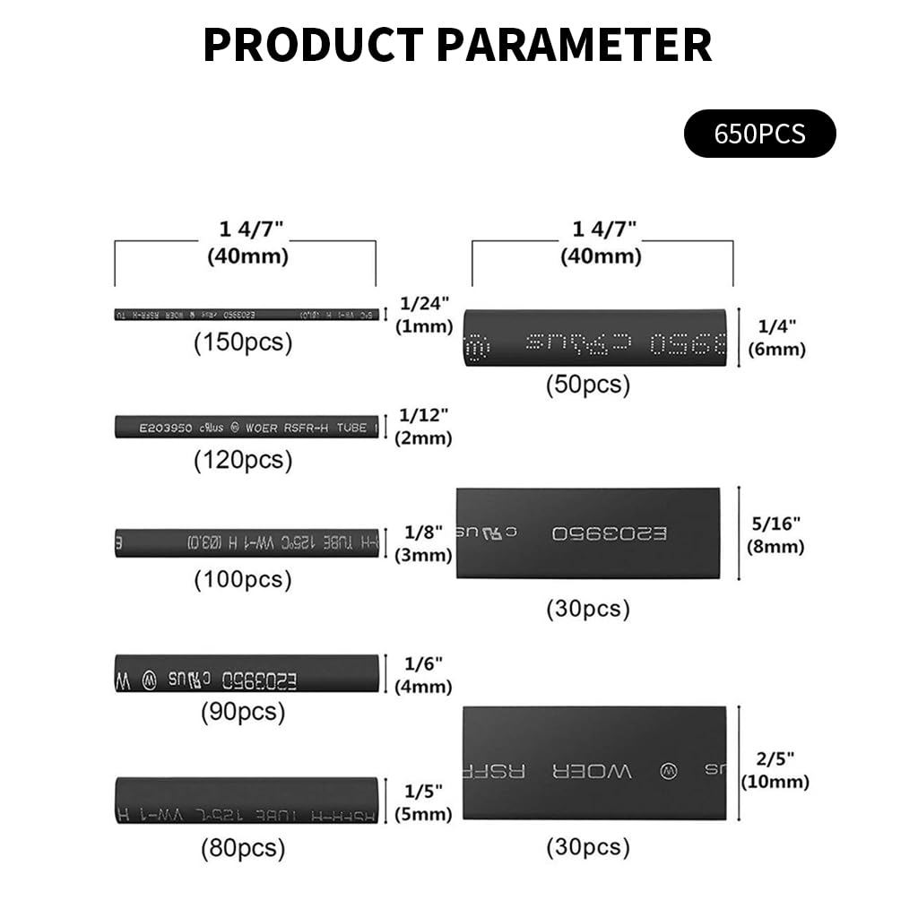 Serplex® 650pcs Heat Shrink Tube, 8 Sizes Cable Heat Shrink Tubing Kit Wire Shrink Wrap Insulated Sleeving Tubes Ratio 2: 1 Heat Shrink Wrap Tube Sleeving Electric Insulation Protection Kit with Box