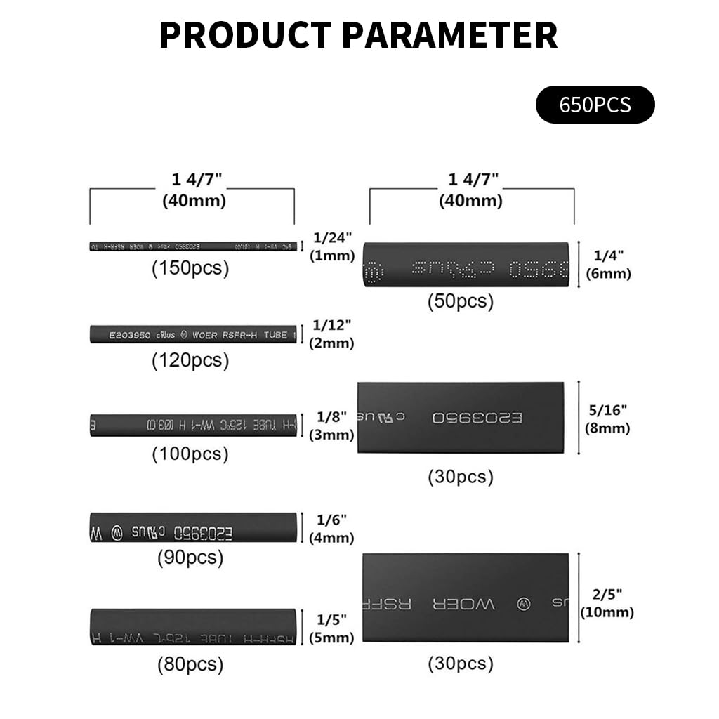 Serplex Heat Shrink Tubing Kit 650 pcs 8 Sizes for Cable Insulation with 2:1 Ratio | Polyolefin Sleeve Set in Storage Box