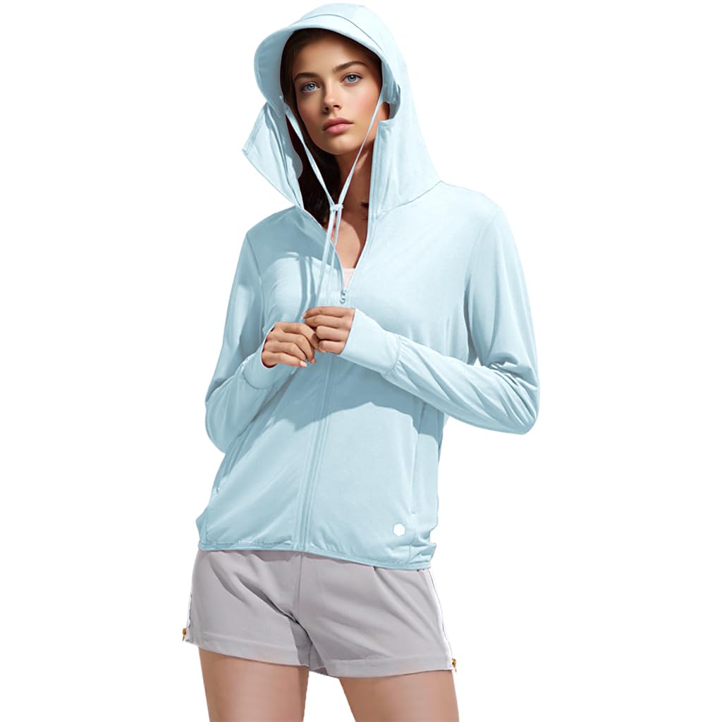 Venzina Women's Sun Protection Jacket for Hiking with UPF 50+ and Detachable Brim Hoodie | Blue Lightweight UV Shirt with Zipper Pockets