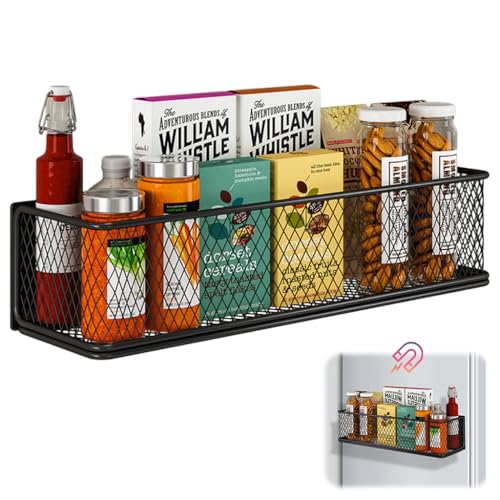 HASTHIP Kitchen Organizer Basket Magnetic Metal Mesh Organizer Basket Spice Seasoning Jar Organizer Holder Multi-Purpose Home Organzier for Refrigerator, Whiteboard, 35 x10.5x8.5 cm
