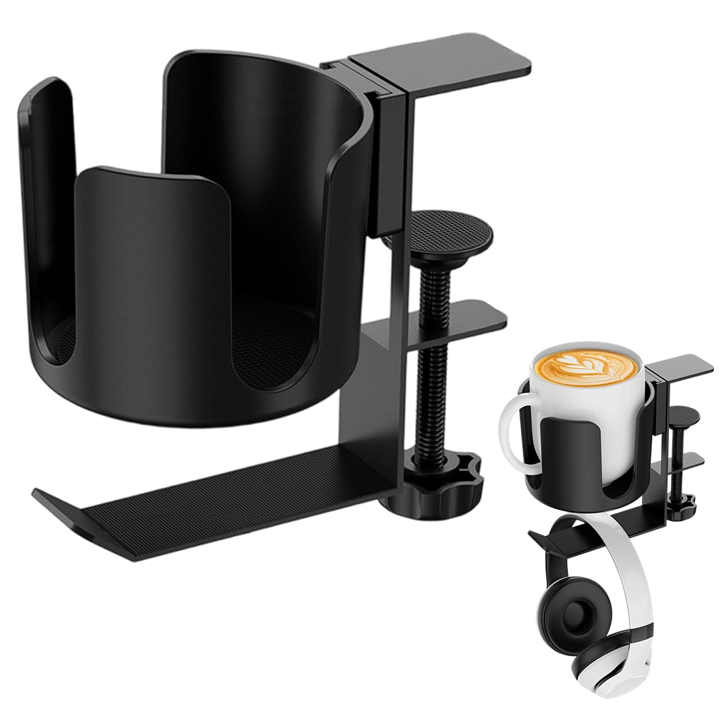 ZORBES 2-in-1 Metal Desk Cup and Headphone Holder for Home Office with Clamp Mount | Spill Proof Organizer Hook