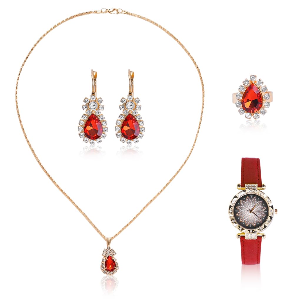 SANNIDHI Jewellery Set for Women with 5pcs Watch Necklace Ring and Earrings | Red Rhinestone Gift Ensemble