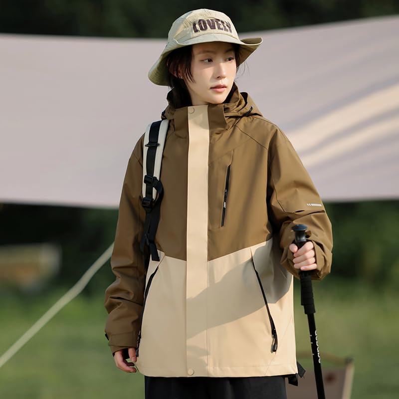 Venzina® Outdoor Hiking Jacket for Women, Windproof, Splashproof Coat with Moisture-Wicking Thermal Liner, Removable Hood, Multi-Zipper Pockets, Fashion Contrast Color Couple's Jacket, Brown-XL