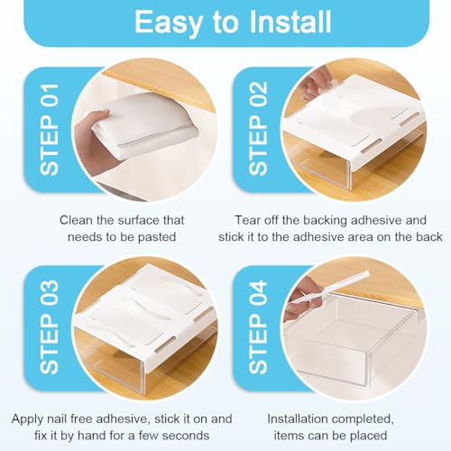 OFIFO® Pull-Out Under Desk Drawer Organizer, Hidden Sliding Storage Box With Adhesive No-Drill Install For Stationery, Makeup, Office Supplies & Tools, 9.2x12.7x3 Inch