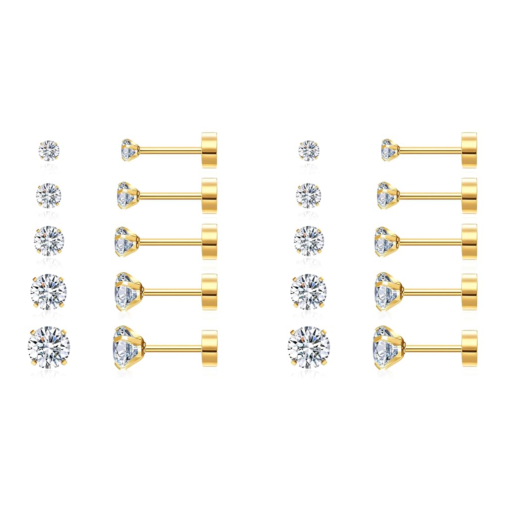 SANNIDHI Earrings for Women with 5 Pairs 3–8mm Cubic Zirconia Studs in Gold Stainless Steel