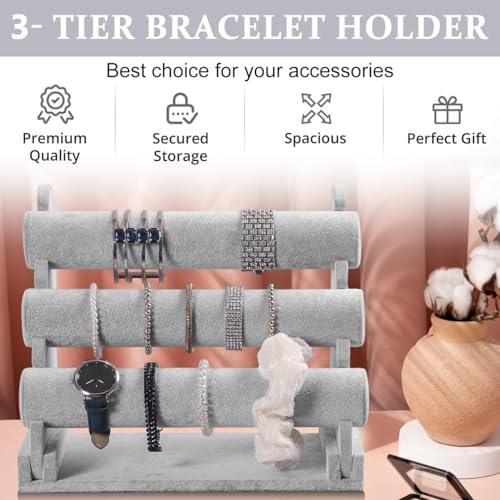 MAYCREATE® Bracelet Holder Organizer 3-Tier Jewelry Display Stand for Watch Bangle Detachable Velvet Desk Storage Showcase Rack Grey 2PCS