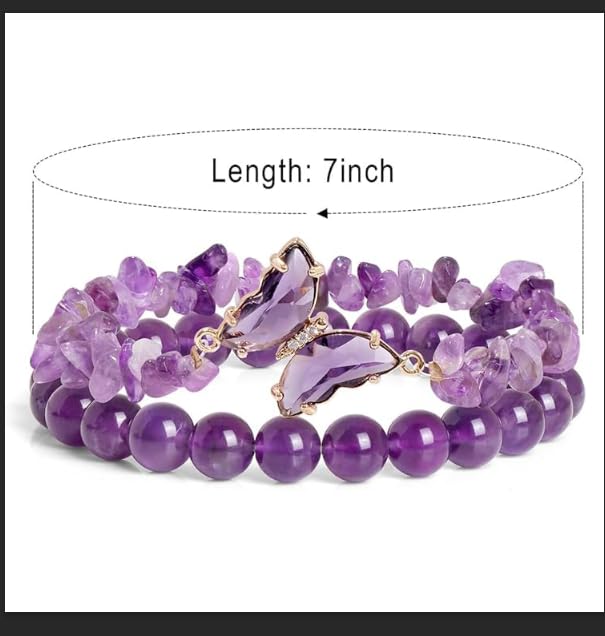 SANNIDHI Crystal Beaded Bracelets Set of 2 with Purple Stones and Butterfly Charm for Women Girls