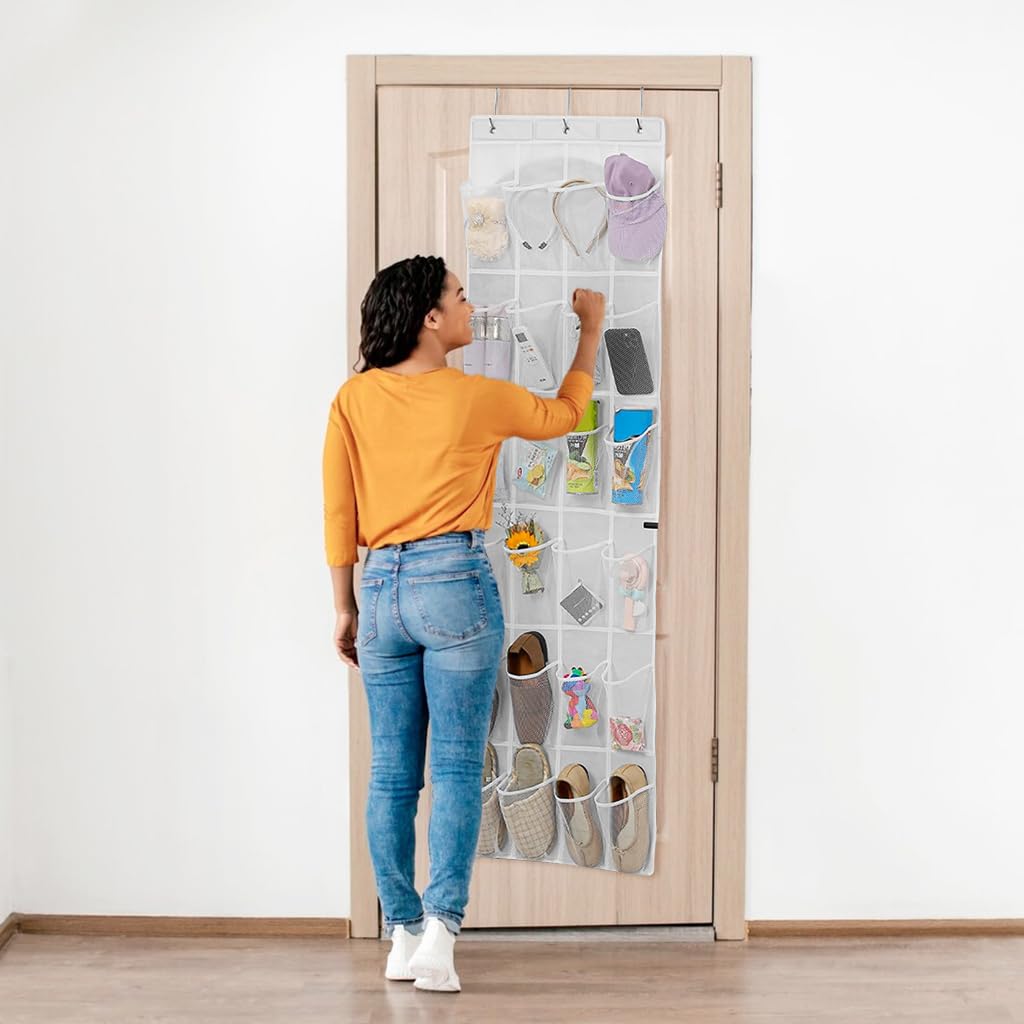 HASTHIP Shoe Organizer for Door Storage with 24 Pockets and 3 Eyelets | Non Woven White Bag