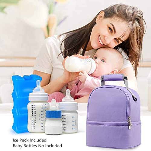 ZIBUYU® Breastmilk Storage Bag with Ice Pack Double Layer Warmer Insulated Strap Fits 6 Ounces Bottles Waterproof Mommy Diaper Bento Box Backpack Purple 3 PCS