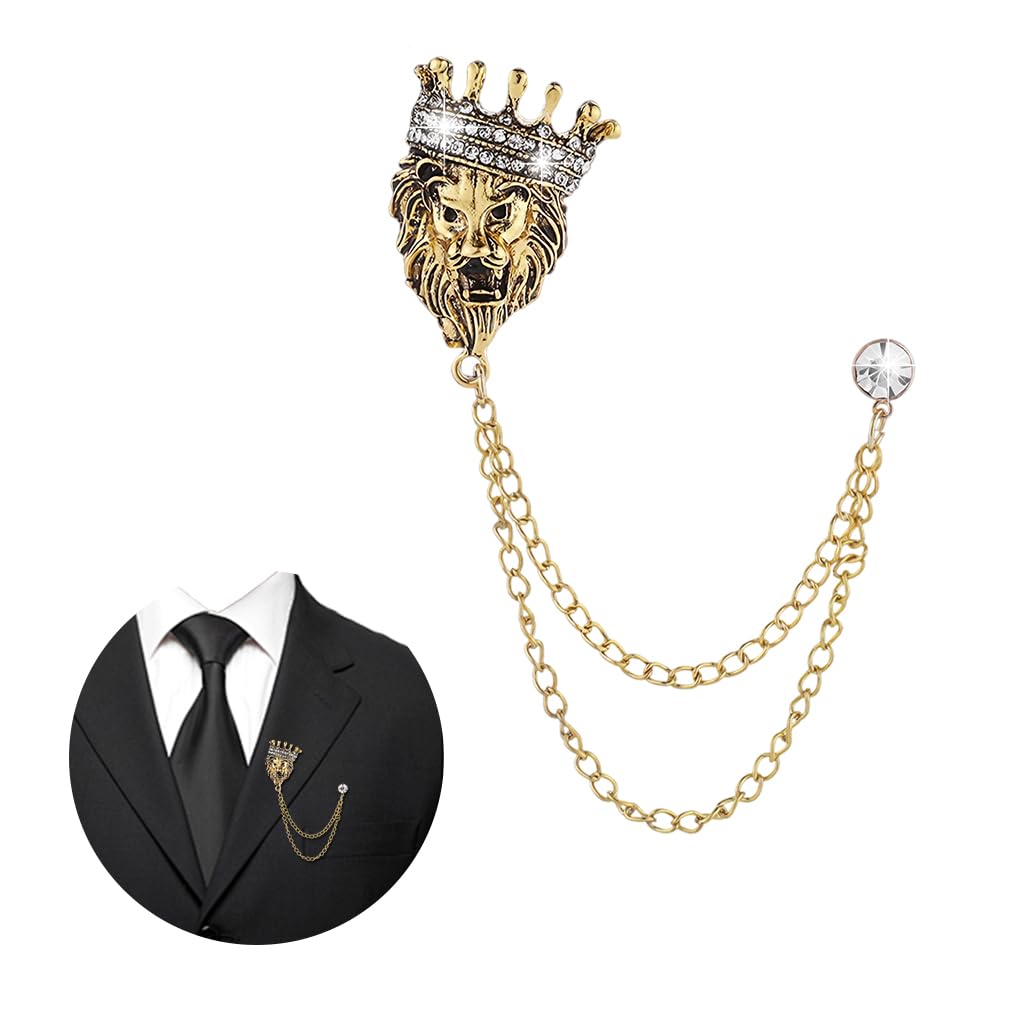SANNIDHI Men's Vintage Crown Lion Brooch for Suits with Tassel and Rhinestone Embellishment