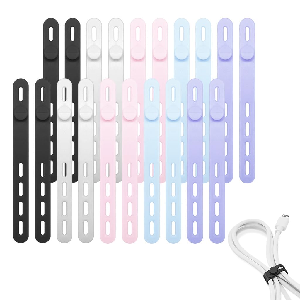 Verilux® 20Pcs Silicone Cable Ties 5.12 inches Elastic Cable Ties Multi Color Power Cable Ties Adjustable Cable Ties Reuseable Cord Organizer for USB Cable, Power Cable, Headphone Cable