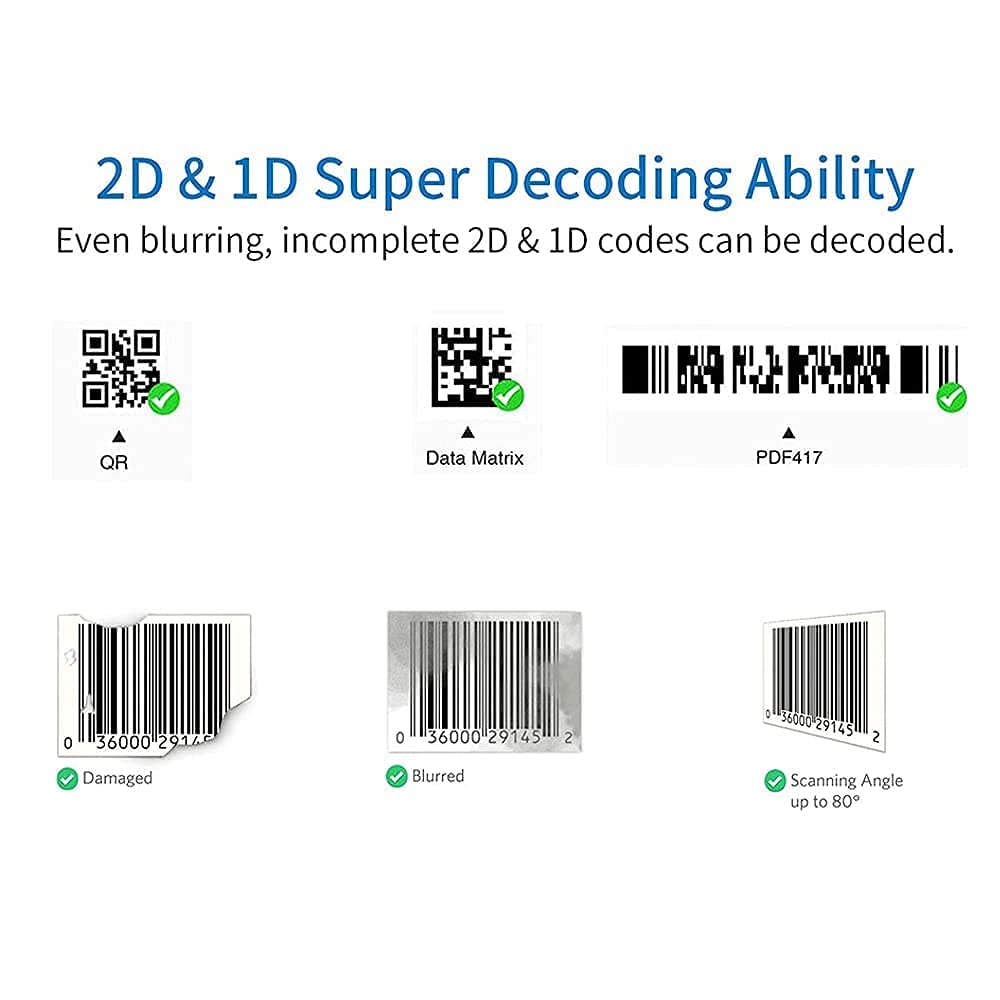 HASTHIP® 2.4GHz Bluetooth Barcode Scanner, Wireless 2D Barcode Scanner Handheld QR Code Scanner, USB Wired 1D Barcode Scanner for Shop, Store, Supermarket, Warehouse