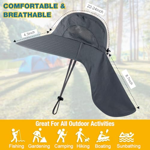 GUSTAVE® Sun Hat for Men Fashion Wide Brim UV Protection Cowboy Hats Neck Flap Design Adjustable Windproof Chin Strap Unisex Breathable Cap for Hiking Fishing Gardening 3 PCS