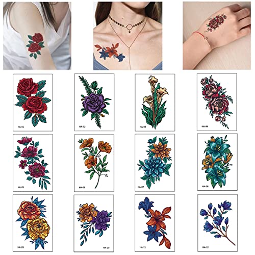 MAYCREATE® 12 Sheets Color Tatto Sticker Vintage Large Flowers Temporary Tattoos Stickers Roses Tatto Stickers Assorted Tatto Sticker for Body Art Tattoos Art Waterproof Temporary