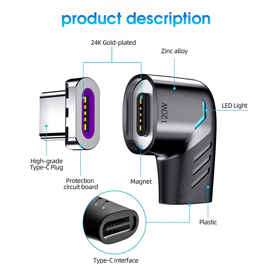 Verilux Magnetic USB C Adapter for Laptops and Smartphones featuring 120W PD Fast Charging | 90° Zinc Alloy Connector