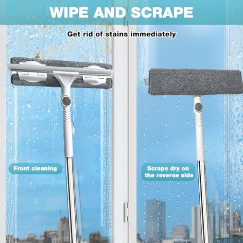 HASTHIP® 53.9'' Long Handle 2-in-1 Double-Sided Glass Window Cleaning Mop with Microfiber Mop Head & Water Wiper, Flexible Pivoting Angle, Wet & Dry Use for Household and Car Washing