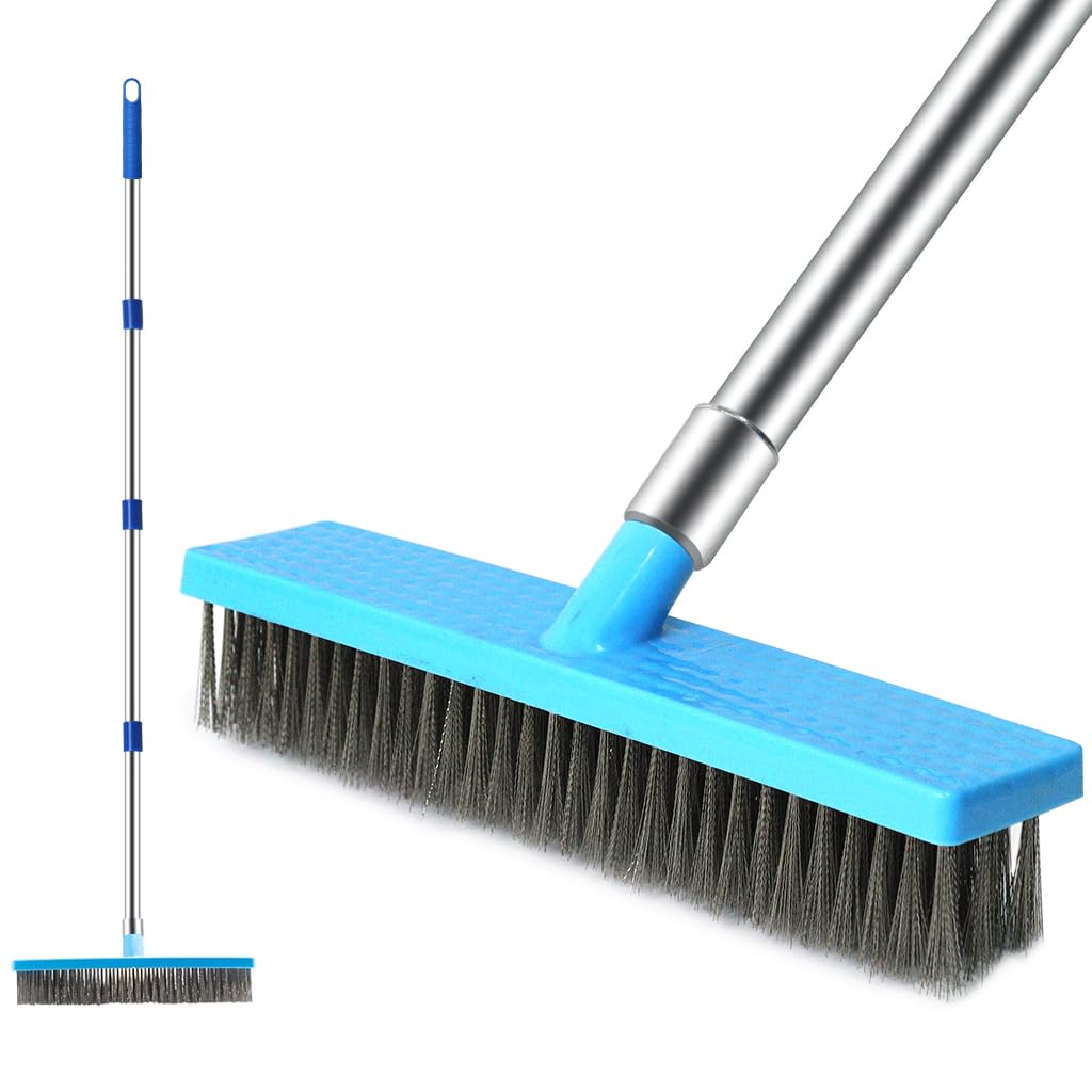 HASTHIP Stainless Steel Wire Floor Scrubber for Garden and Balcony with 63 in Adjustable Handle | 11.8 in Wide Brush for Wet and Dry Cleaning