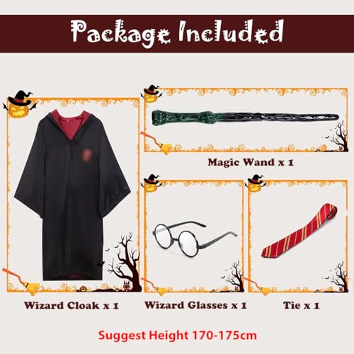 PATPAT® Wizard Costume Robe Set Cosplay Costumes for Women Men School Magic Wizard Cloak with Harry Potter Wands, Tie & Glasses for Adult Teens, Suggest Height 170-175cm