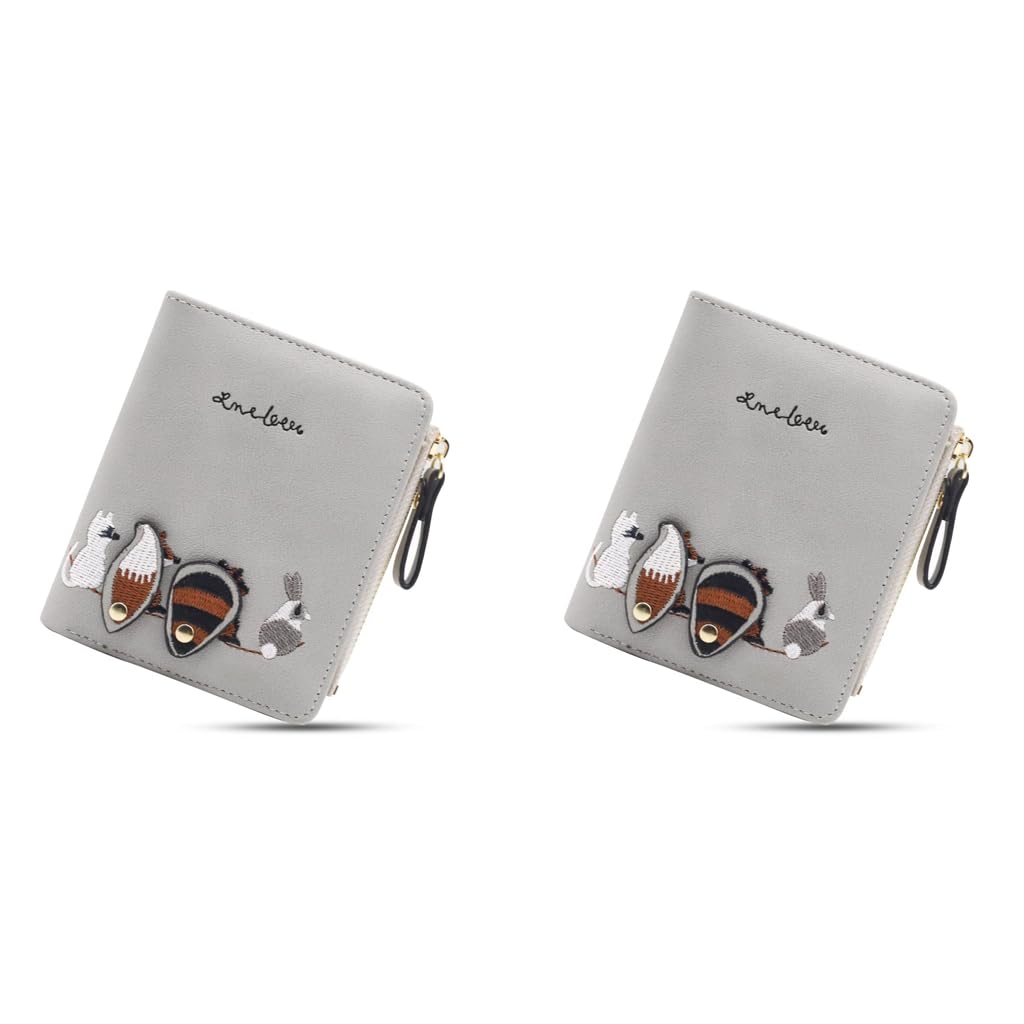 PALAY Small Wallet for Women with Cute Animal Embroidery in Grey PU Leather | 1 Pc Gift