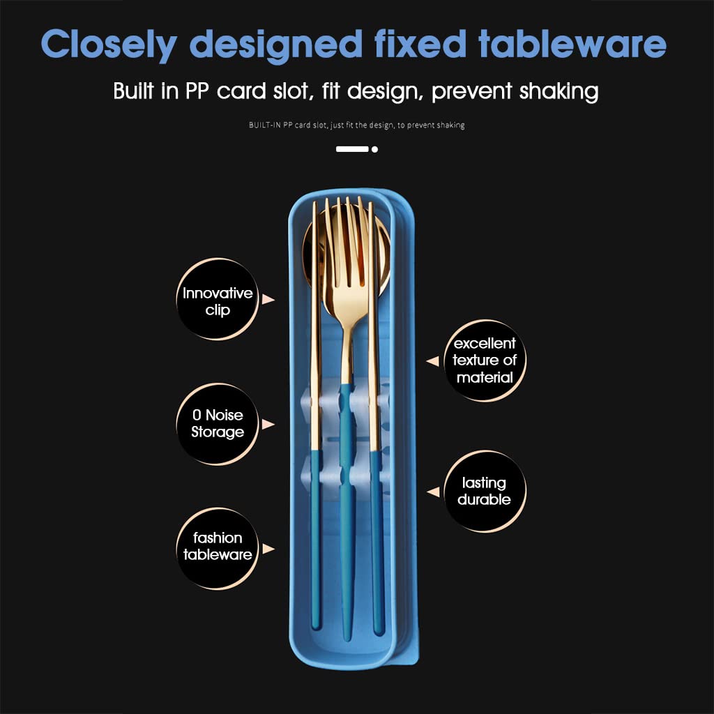 HASTHIP Cutlery Set for Travel and Camping with Case including 3 Pcs Gold Stainless Steel Flatware (Blue)