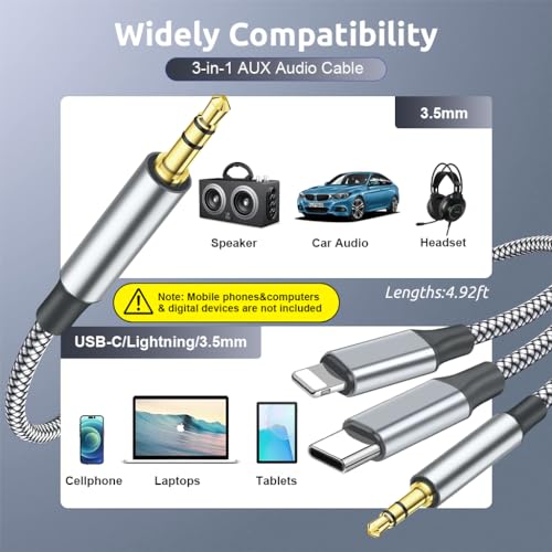 Verilux® 3 in 1 Car Aux Cable USB C to 3.5mm Audio Cord Stereo Compatible with Galaxy S23 S22 S21FE OnePlus iPhone 14 13 12 XR 2 PCS