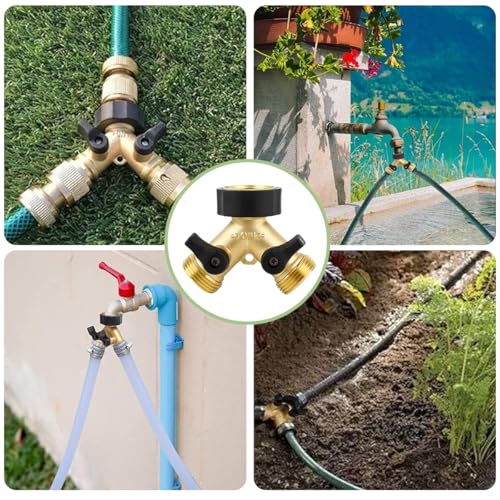 HASTHIP Garden Hose Splitter with Individual Shut-off Valves 2 Way Hose Splitter Garden Faucet Splitter Universal 3/4'' Brass Garden Hose Splitter with 4 Gaskets & 1 Roll Tape
