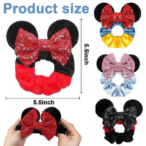 PALAY® 4 Pack Mickey Mouse Hair Scrunchies for Girls, Cute Sparkle Sequins Bow Scrunchie Hair Elastic, Soft Velvet Hair Ties, Stylish Minnie Hair Accessories for Girls Kids Birthday, Party