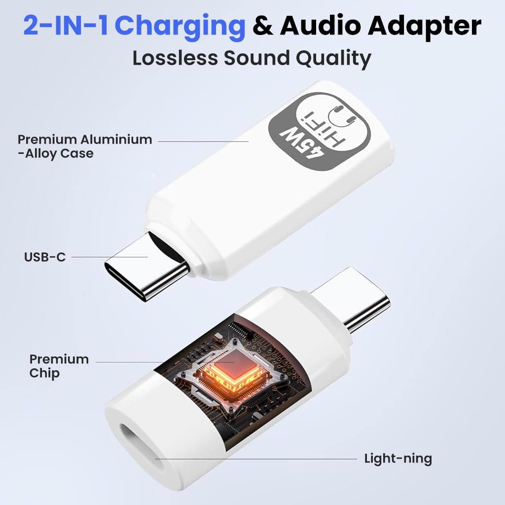 Verilux Light-ning to Type C Earphone Converter for iPhone 16/15 with PD 45W Fast Charging | HIFI Audio