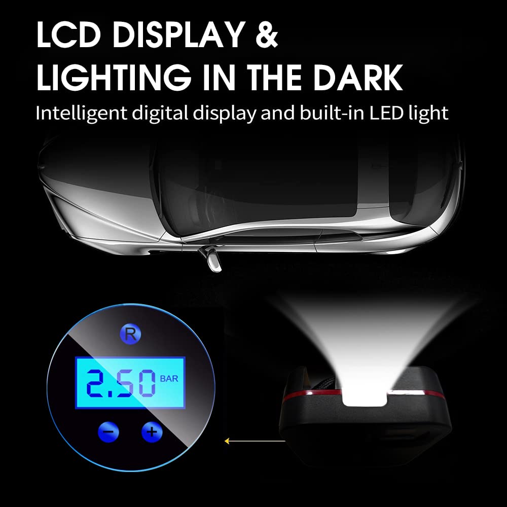 STHIRA Portable Air Compressor Tire Inflator for Cars with 17mm Metal Cylinder and Auto Shut Off | 150PSI Digital Gauge and LED Light