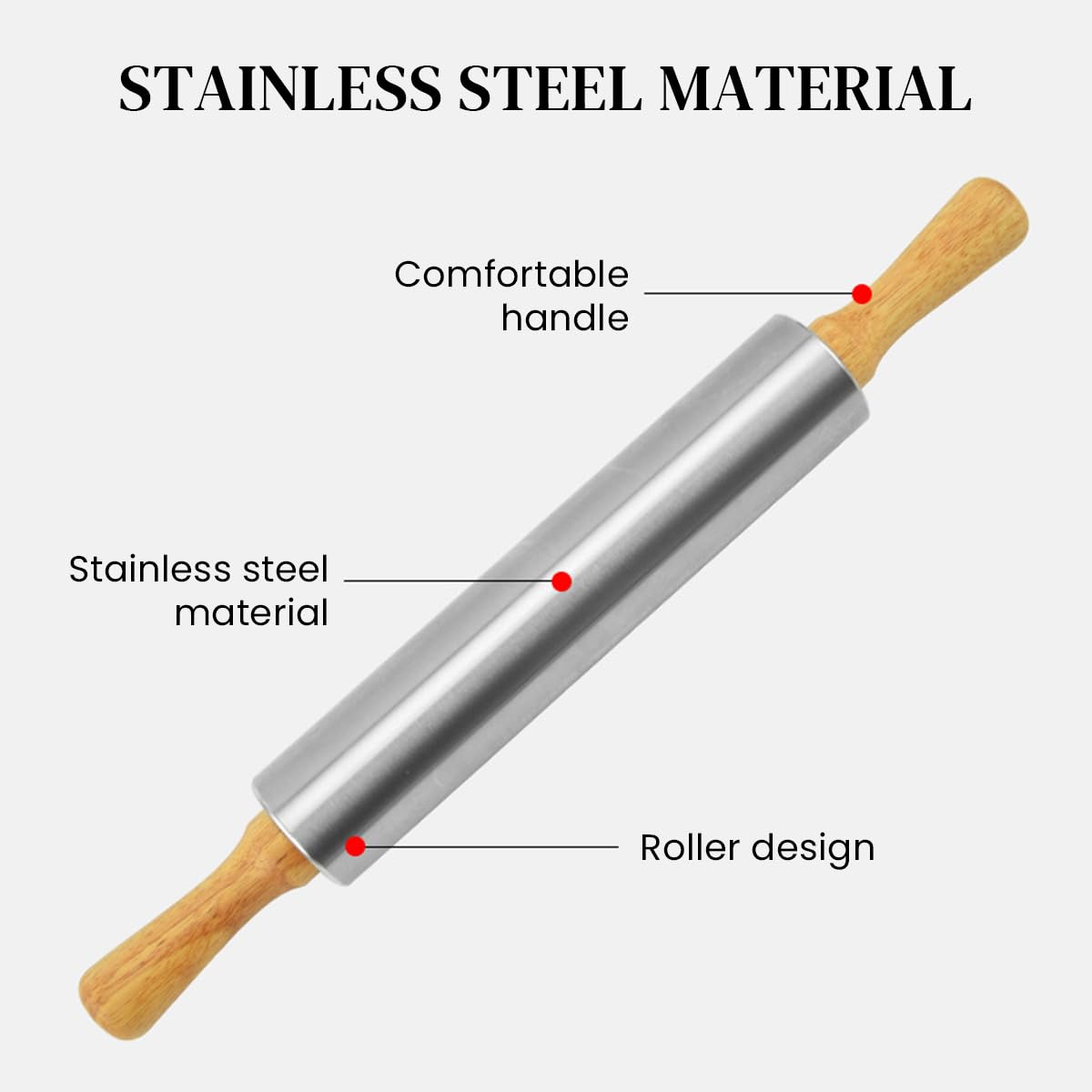 Supvox Stainless Steel Rolling Pin for Baking with Ergonomic Wooden Handles 38cm Long | Non Stick Pastry Tool