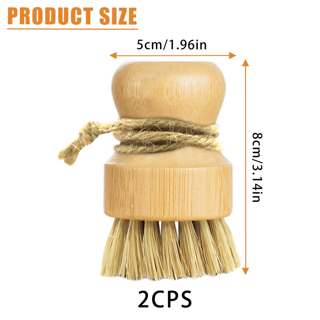 Supvox Bamboo Dish Brush for Pots and Pans with Ergonomic Round Handle | 2Pcs Natural Sisal Bristles