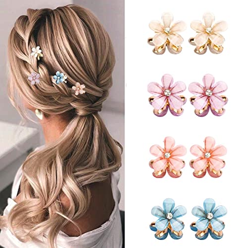 PALAY® 8pcs Mini Hair Claw Clips for Women Alloy Resin Flower Claw Hair Clips for Girls Floral Rhinestone Bangs Clips Decorative Hair Accessories