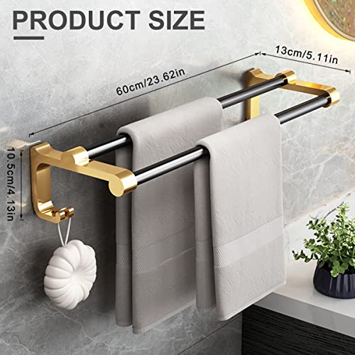 HASTHIP® Towel Hanger for Bathroom, Aluminum Towel Rack with 2 Towel Bar Towel Shelf & 2 Hooks, Towel Rack Rustproof Storage Wall Mount for Bathroom, Towel Stand, Hanger (24 Inch)