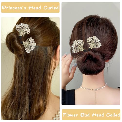 PALAY Juda Hair Bun Accessories for Women, Quick Bun Maker for Hair, Medium Thick Hair Bun Clips for Women, White Floral Rhinestone Hair Style Accessories Twist Bun Clips for Hair for Daily, Party