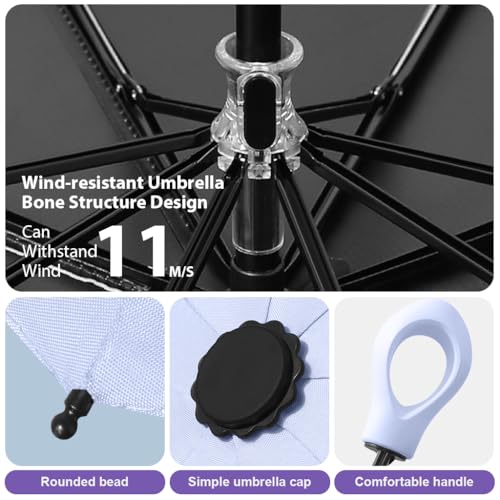 Venzina® UPF 50+ Sun Umbrella Pocket Black Coated Liner Fiberglass Ribs Design Fashion Folding Travel Lightweight with Rubberized Loop Handle Purple 2PCS