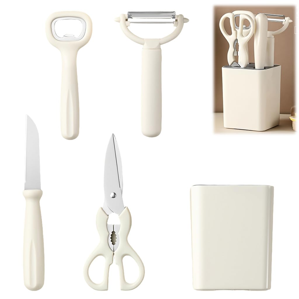 Supvox Kitchen Utility Tools 5 in 1 Set with No Drill Wall Organizer and Ergonomic Handle | Stainless Steel Shears and Fruit Cutter