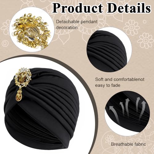 PALAY® Turban Cap for Women Skull Headwrap Alloy Crystal Tassel Hair Turban for Women Cozy Fabric Soft Head Cover Black Headwear for Wedding, Festival, Church