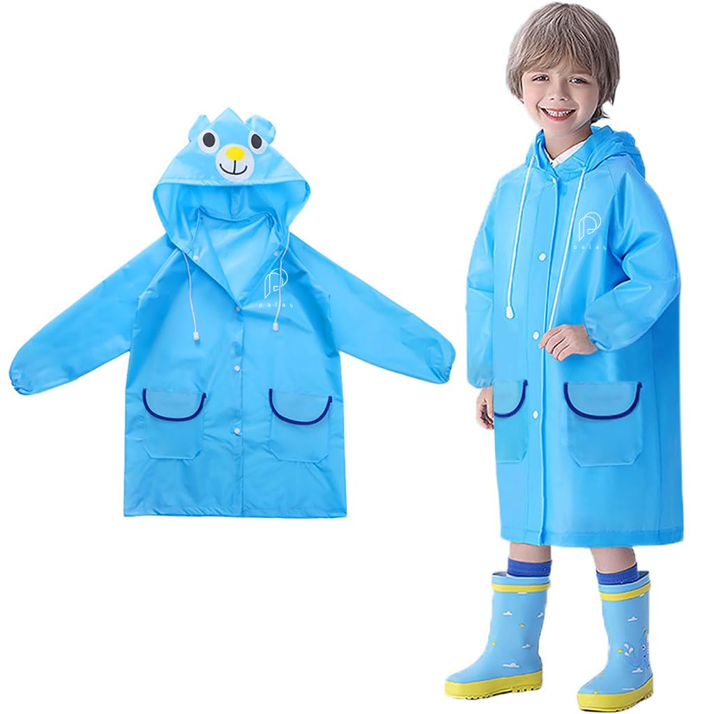 PALAY Raincoat for Kids with Drawstring Hood and Elastic Cuffs 2Pcs Set | Bright Blue and Green for 3–7 Years