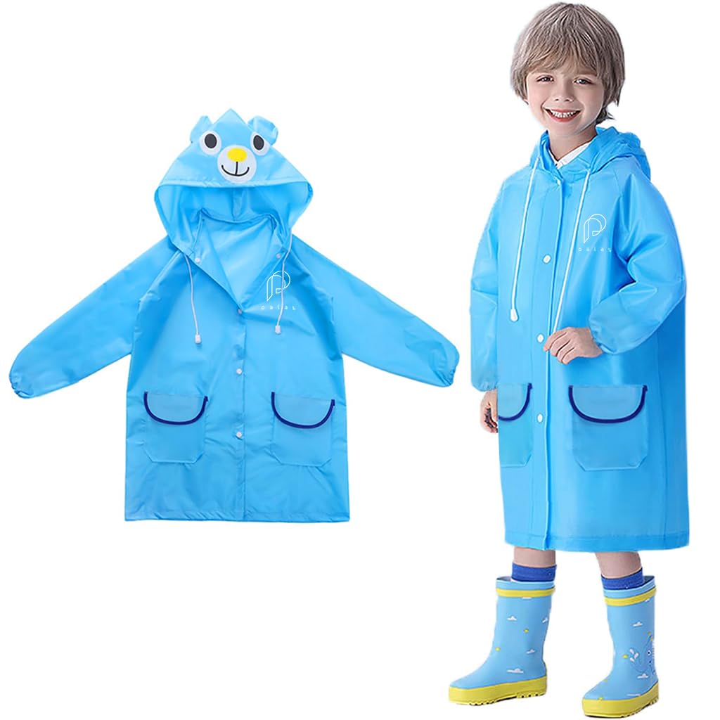 PALAY® Raincoat for Kids Boys Girls with Hood, Polyester Rain Ponchos with Pockets, Bright Color Cute Raincoat for 3-7 Years Old Kids