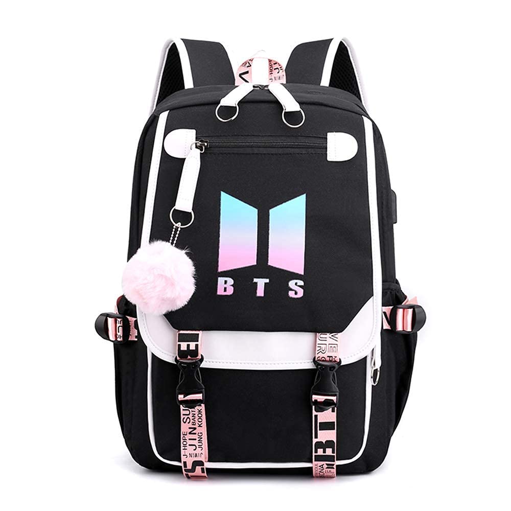 FANCYKU BTS School Backpack for Students with USB and Audio Port | Fits 15.6in Laptop