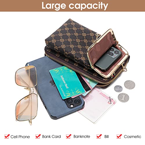 PALAY® Crossbody Phone Bag for Women Stylish PU Leather Mobile Holder Pocket Purse Wallet Pouch with Zipper Sling Mini Shoulder Brown 2PCS